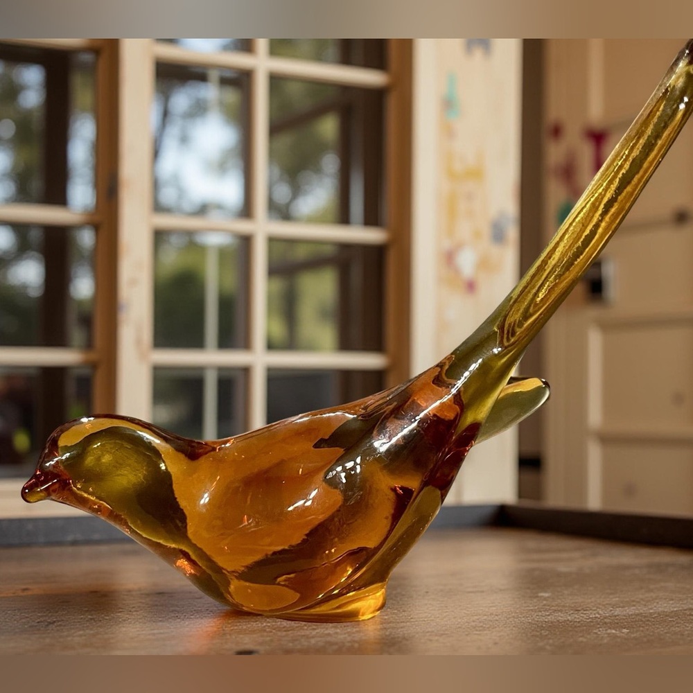 Fenton Amber Long Tail Bird Figurine-Bird Of Happiness-Art Glass-Paperweight
